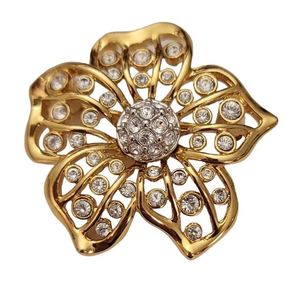 Swarovski Swan Loo Gold Tone Clear Crystal Pave Ball Open Flower Brooch Pin E776 - Picture 1 of 7